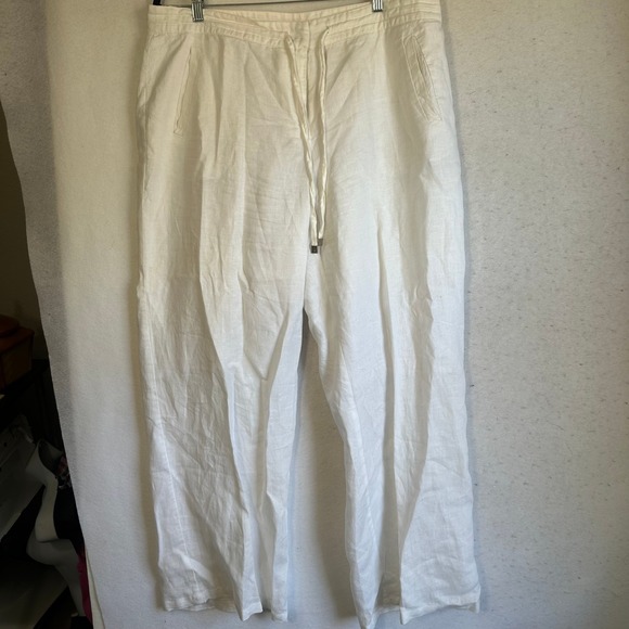 long tall sally Pants - Long Tall Sally White 100% Linen Wide Leg Drawstring Pants Tall Sz 16 Inseam 34
